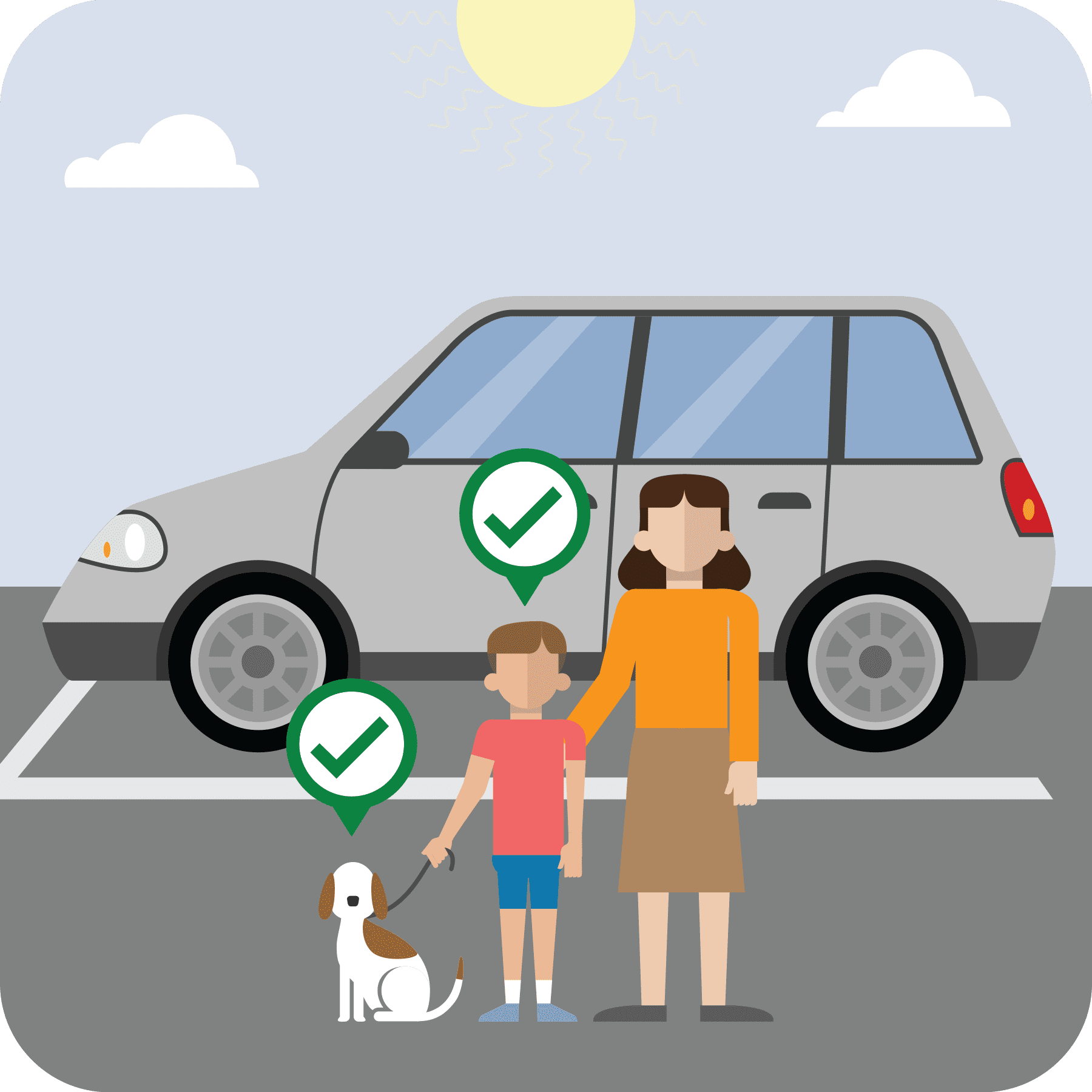 woman, boy and dog outside of a car
