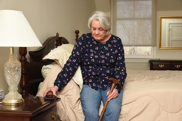 older adult placing glasses and cell phone on nightstand