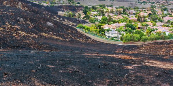 Wildfire burn area to the edge of suburban neighborhood in Southern California.