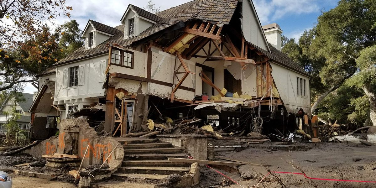 Damage from a major post-wildfire landslide that occurred on 9 January 2018 near Montecito, Santa Barbara County as a result of the 2017 Thomas Fire.