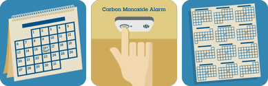 Monthly calendar showing a green check and test prompt. Hand pushing test button on carbon monoxide alarm. Calendar to show testing every month.